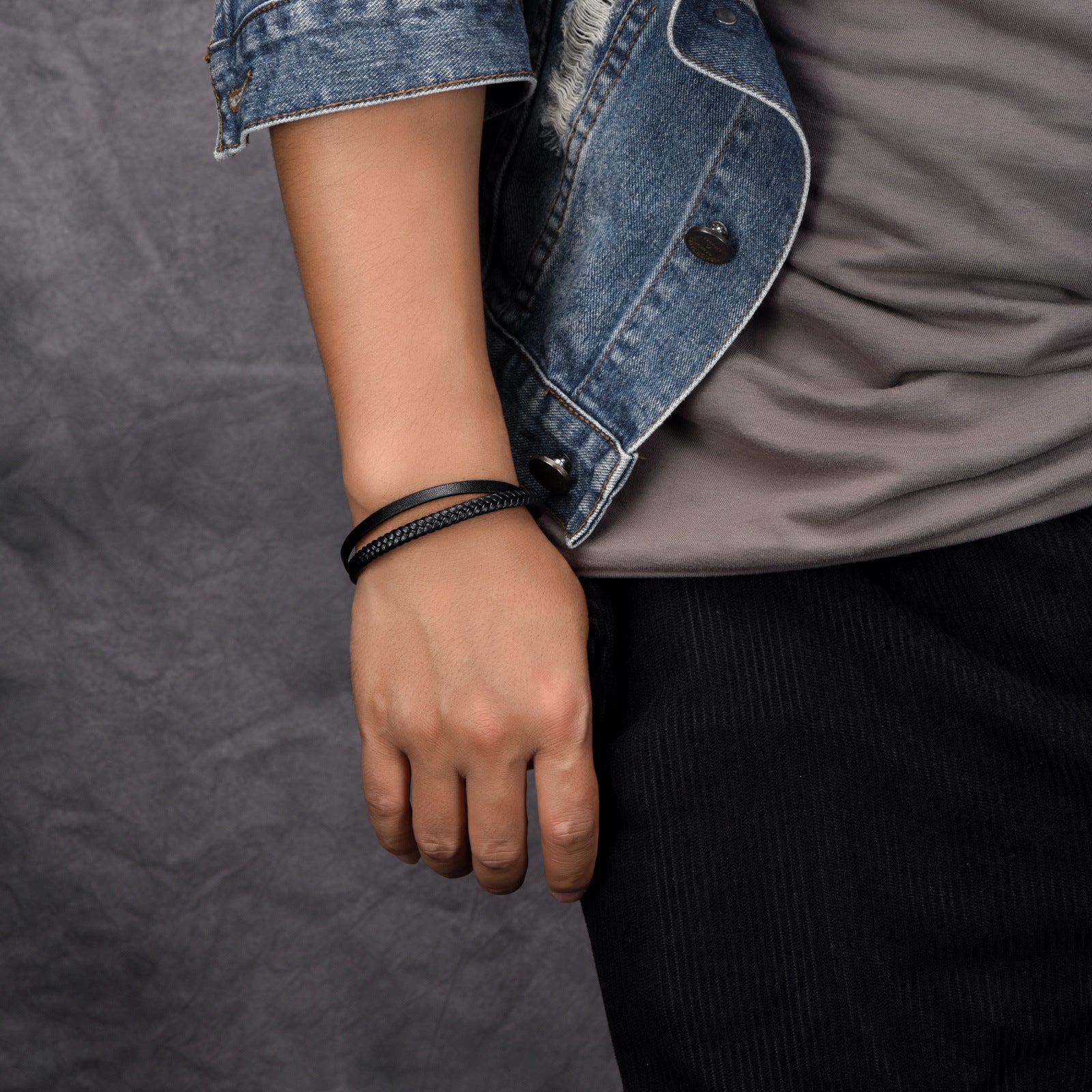 Black Two Layered Leather Bracelet for Men