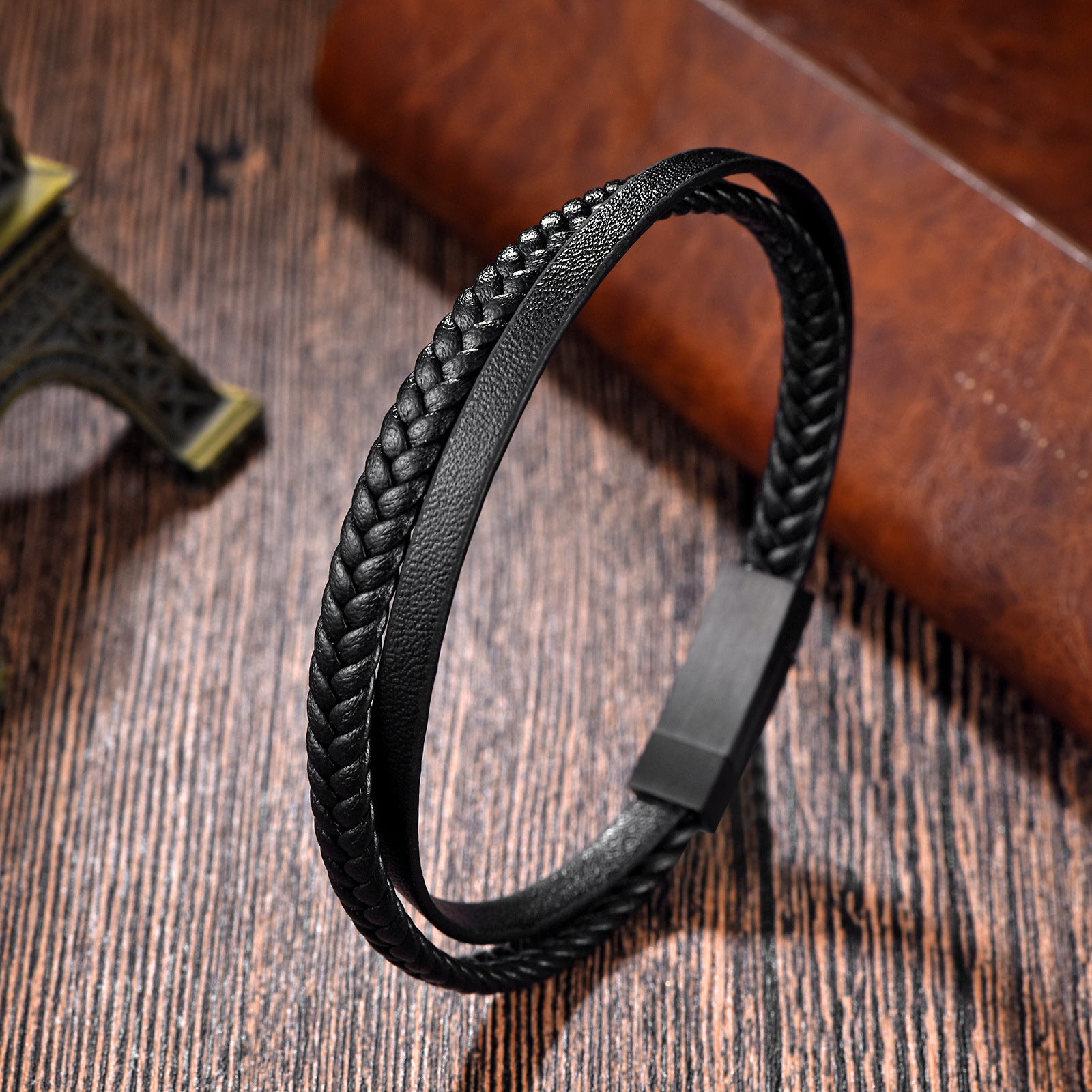Black Two Layered Leather Bracelet for Men