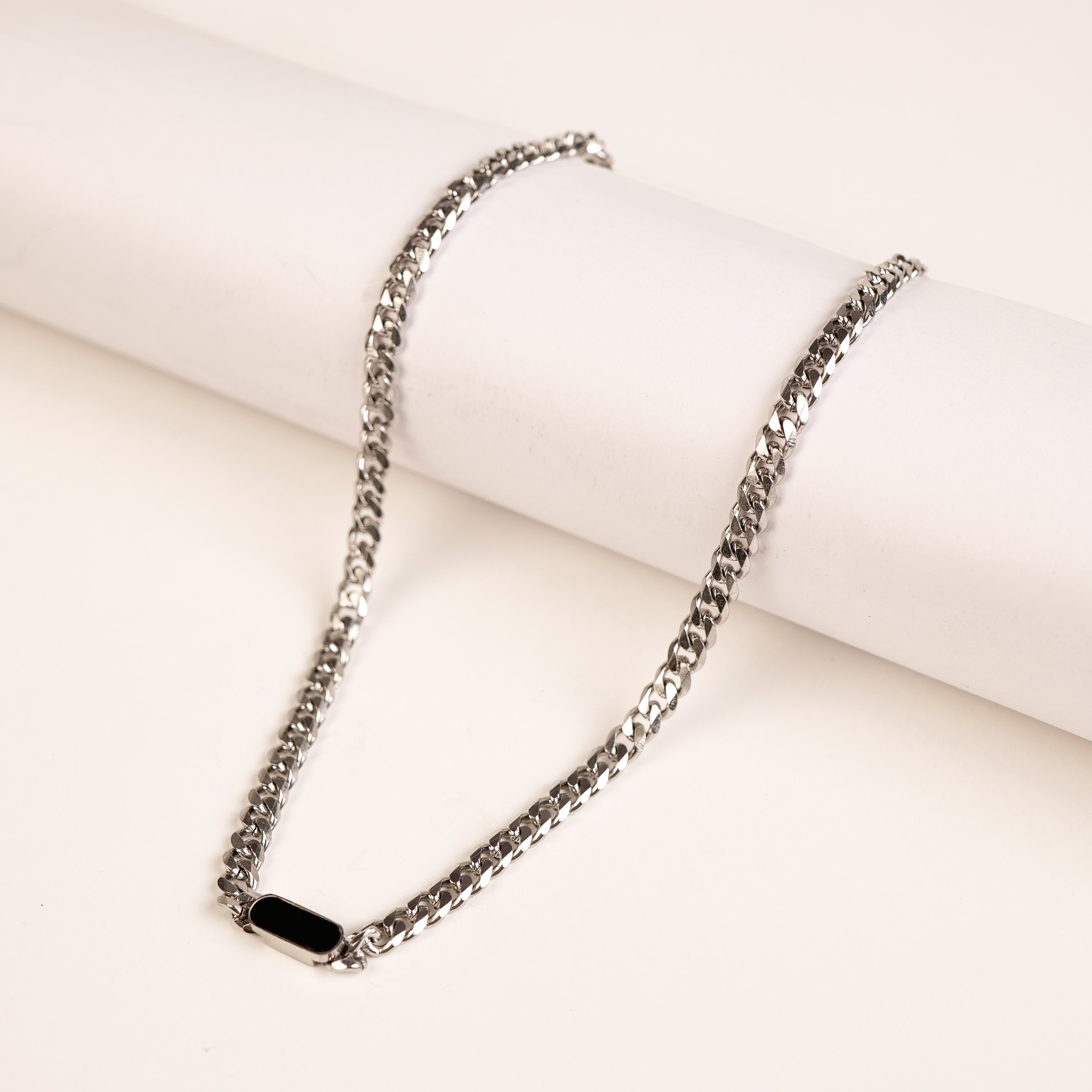 Silver Curb Chain with Black Stone for Men