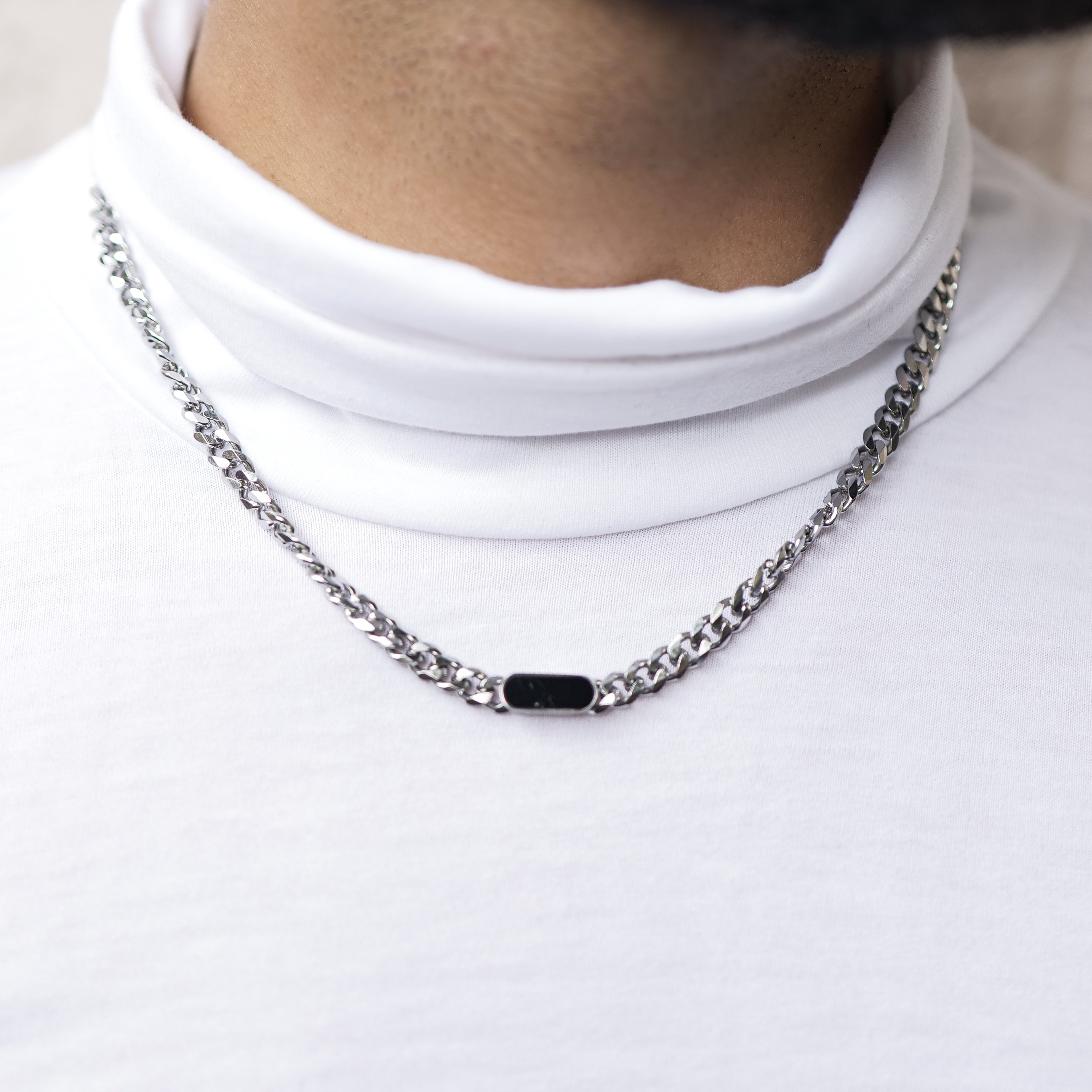 Silver Curb Chain with Black Stone for Men