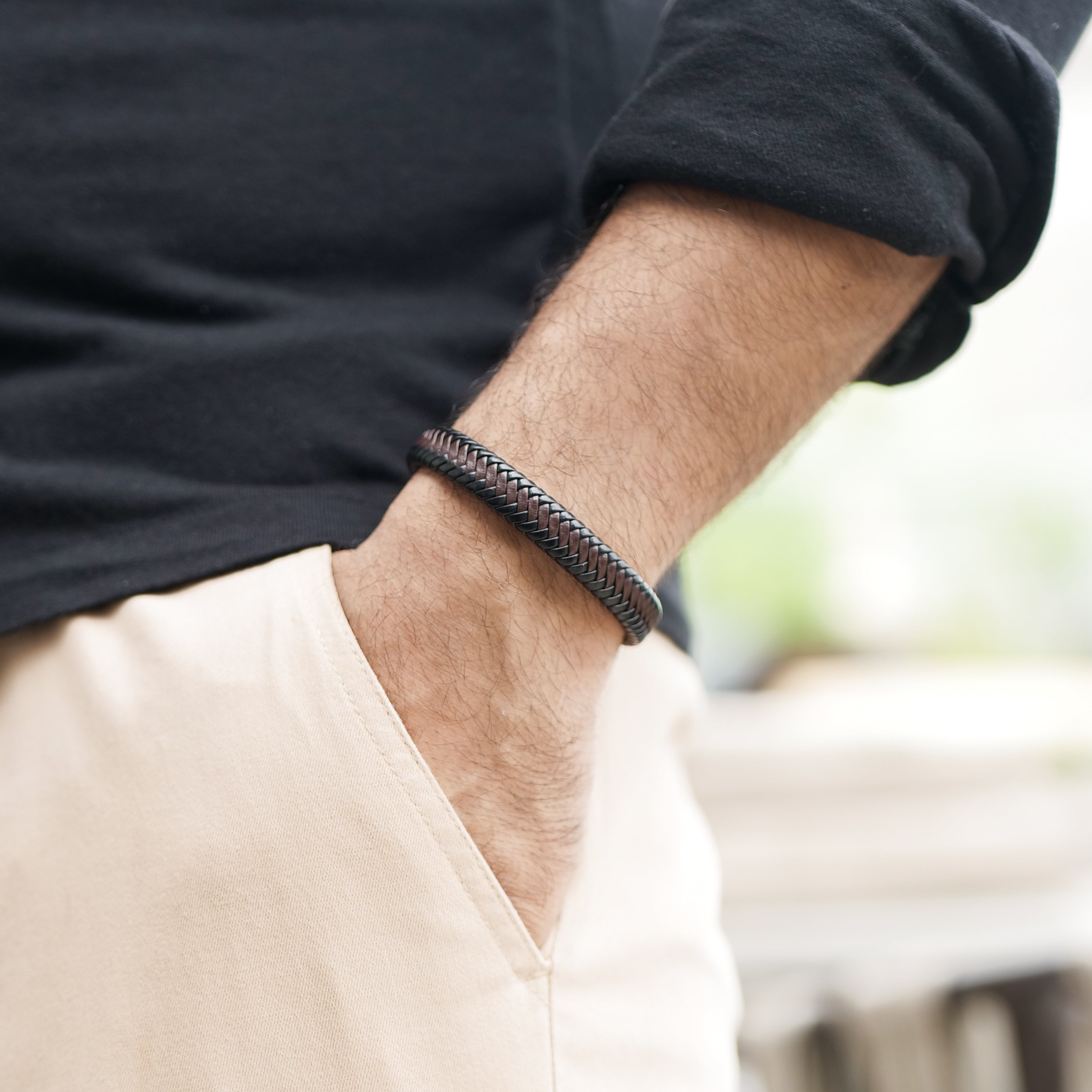 Two Tone Leather Bracelet for Men