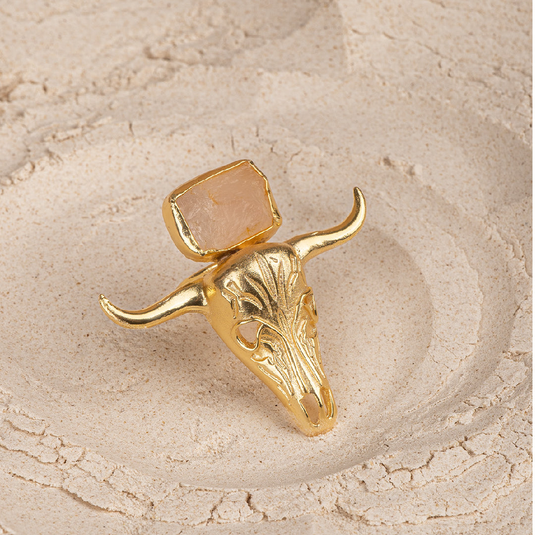 Rose Quartz Bull Face Adjustable Ring
