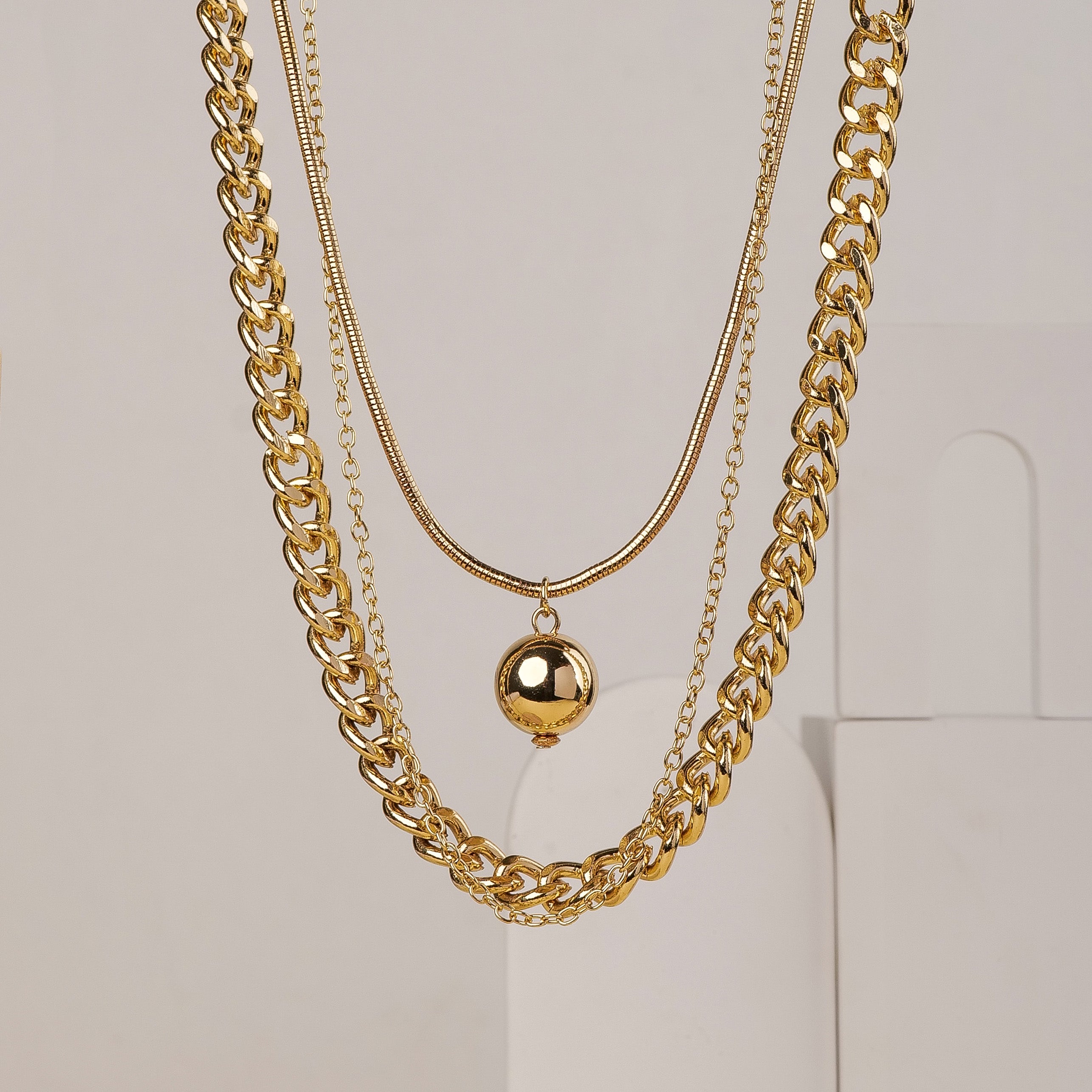 Luna Triple Layered Gold Necklace with Ball