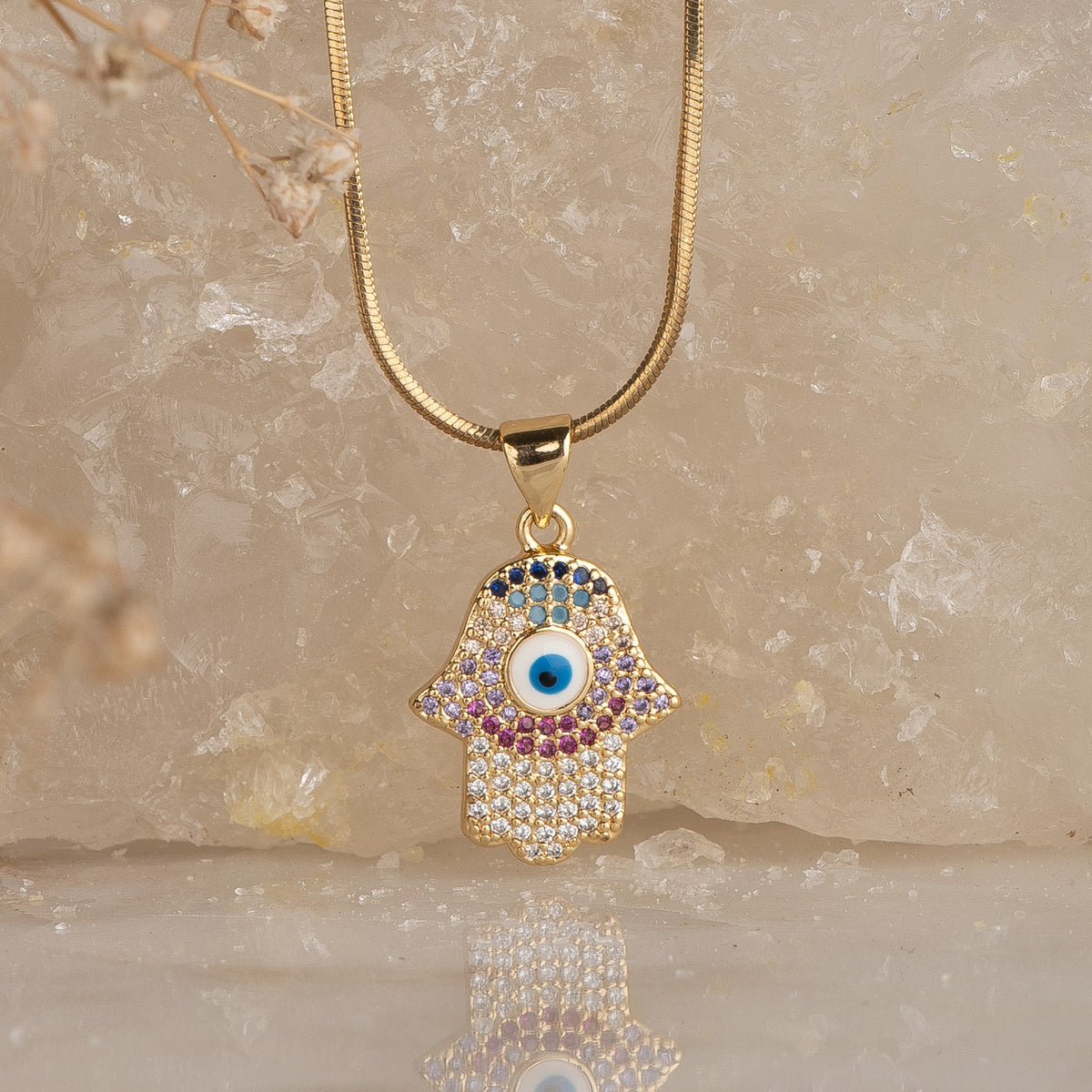 Nazar Studded Hamsa Pendant with Necklace necklace by Nashira, shown close up
