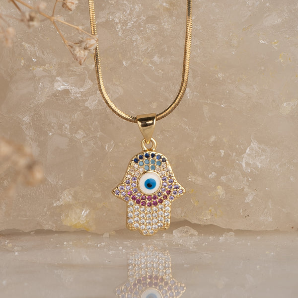 Nazar Studded Hamsa Pendant with Necklace