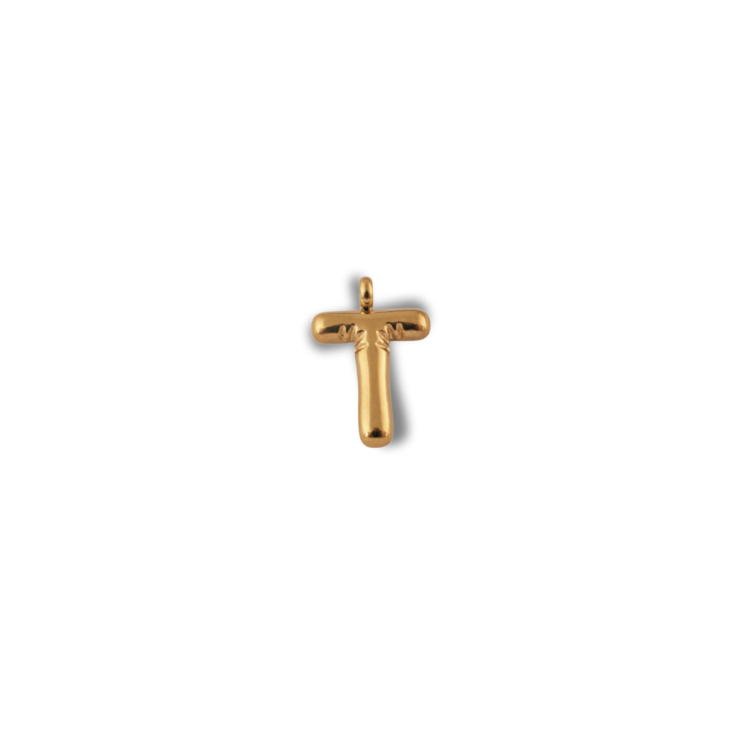 Alphabet Charm - T pendant by Nashira, shown close up