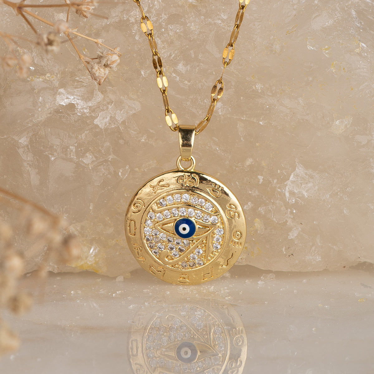 Greek Horus Evil Eye Pendant with Necklace necklace by Nashira, shown close up