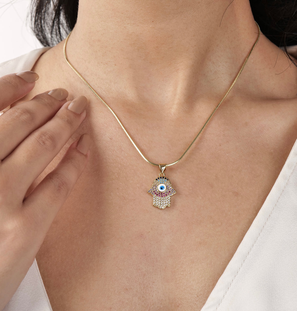 Nazar Studded Hamsa Pendant with Necklace - necklace by Nashira
