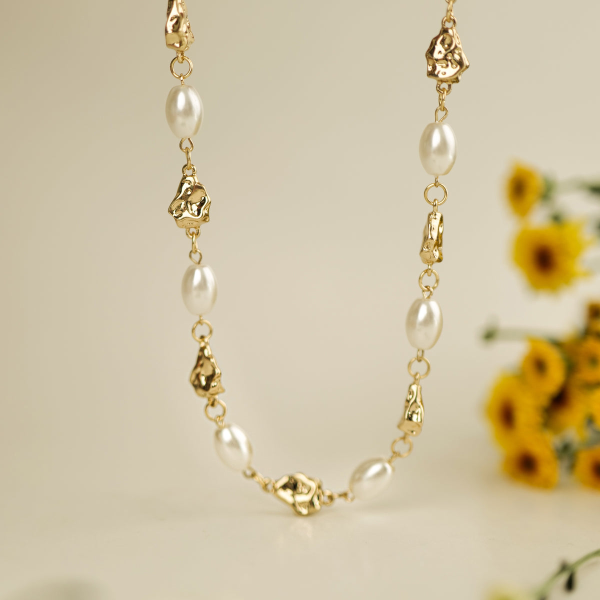 Pearl & Hammered Gold Disc Necklace by Nashira, stainless steel necklace