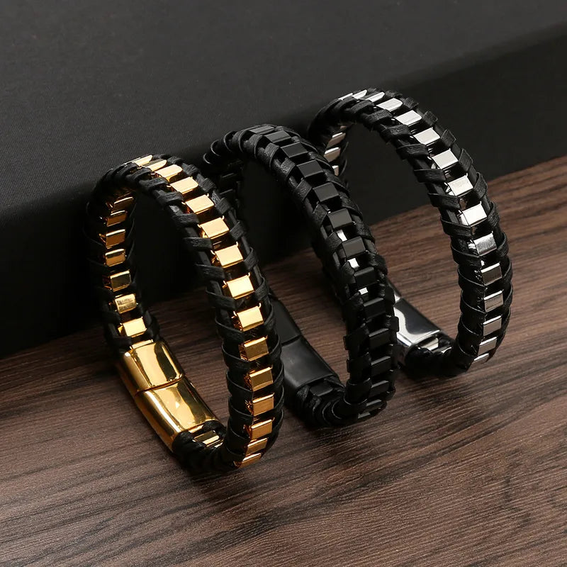 Black Biker Bracelet for Men bracelet by Nashira, shown close up