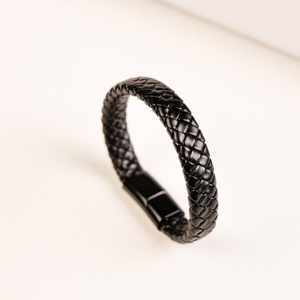 Black Leather Bracelet for Men bracelet by Nashira, shown close up