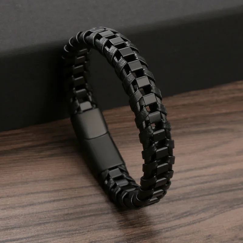 Black Biker Bracelet for Men - Stainless Steel & Genuine Leather bracelet by Nashira