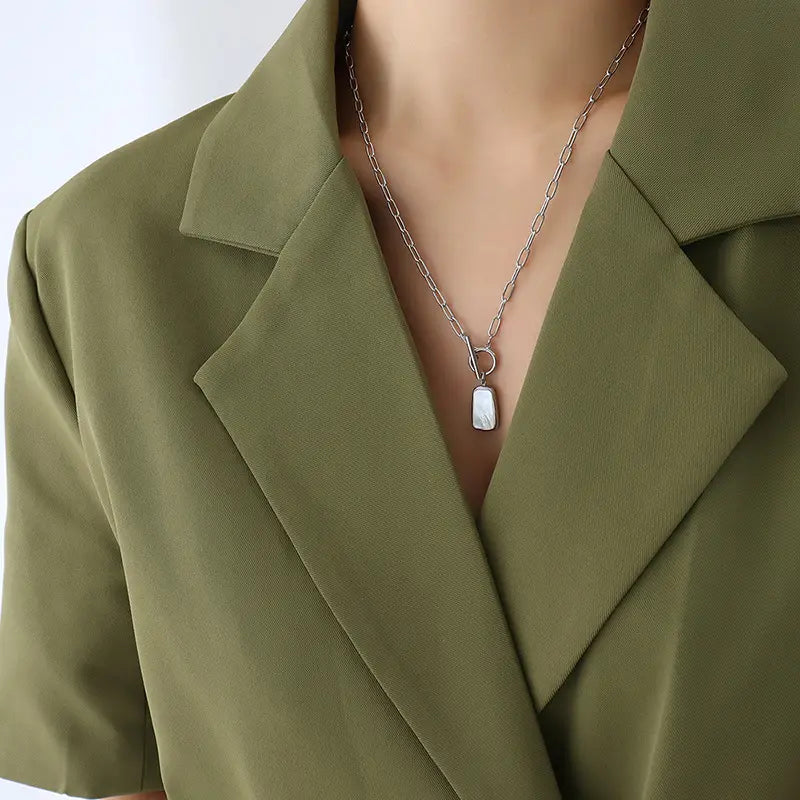 White Shell Pendant with Chain - Stainless Steel necklace by Nashira