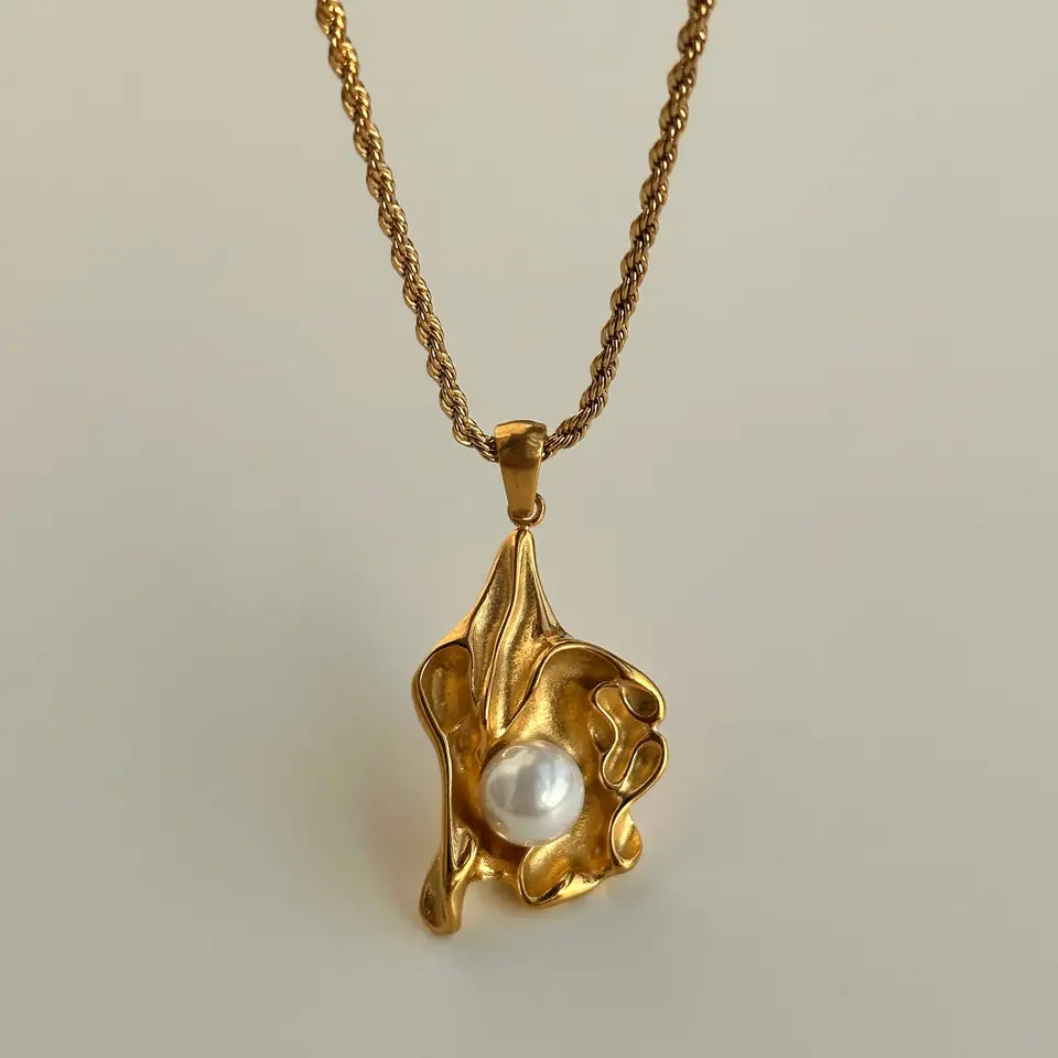 Flower Pearl Pendant with Chain necklace by Nashira, shown close up