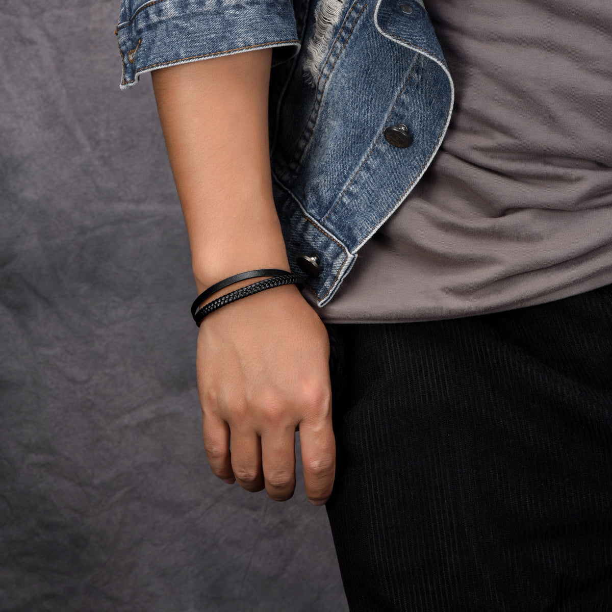 Black Two Layered Leather Bracelet for Men by Nashira, genuine leather bracelet