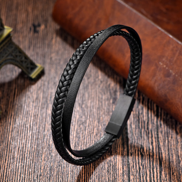 Black Two Layered Leather Bracelet for Men bracelet by Nashira, shown close up