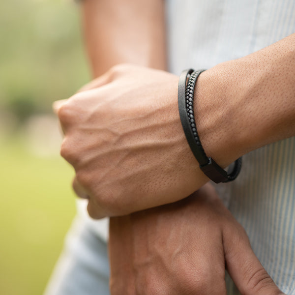Black Two Layered Leather Bracelet for Men - Genuine Leather bracelet by Nashira