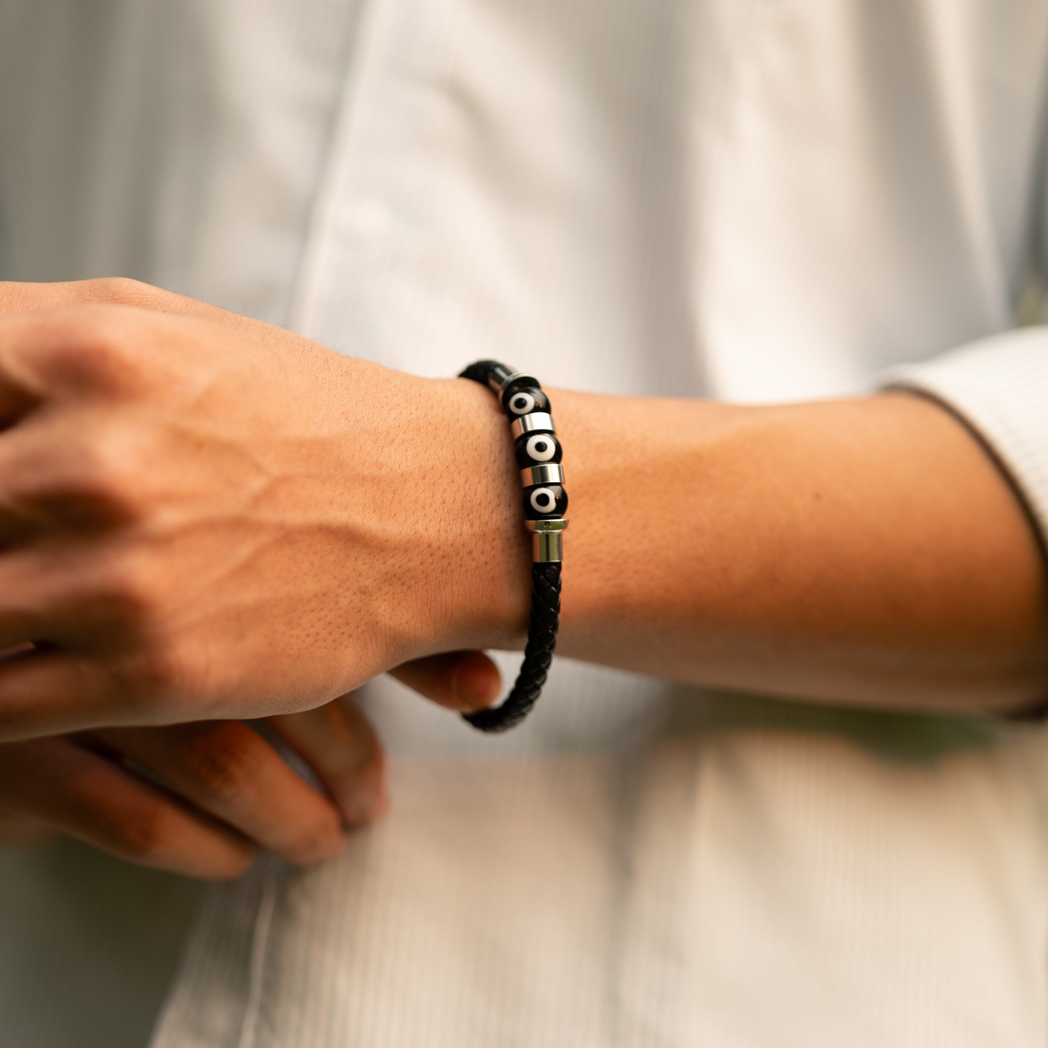 Silver Evil Eye Leather Bracelet for Men