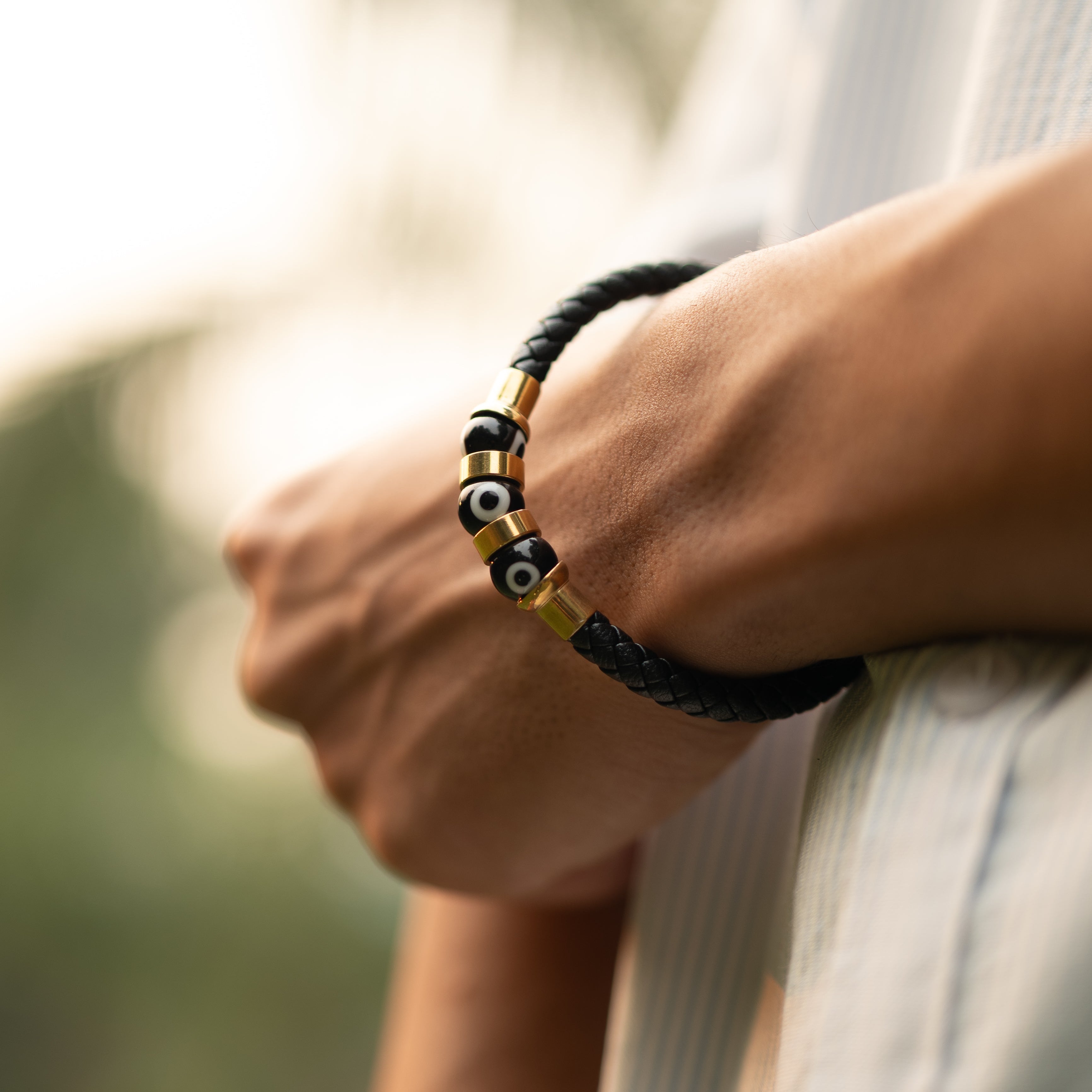 Gold Evil Eye Leather Bracelet for Men