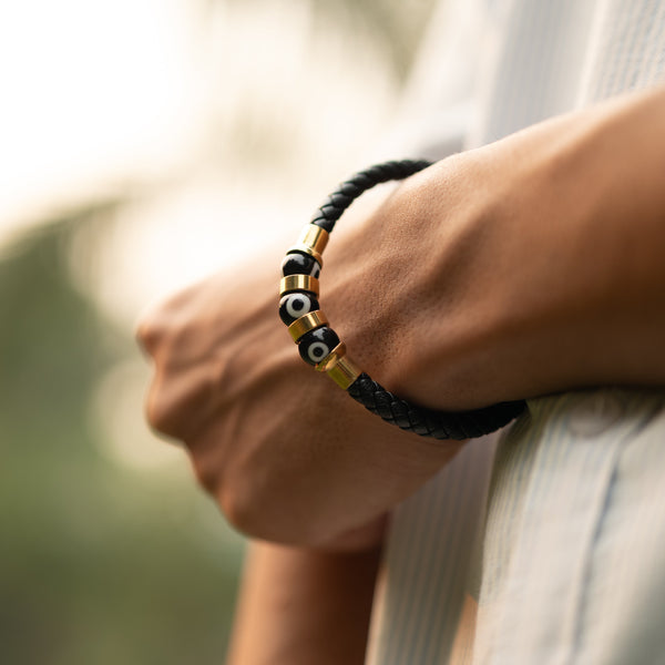 Gold Evil Eye Leather Bracelet for Men - Genuine Leather bracelet by Nashira