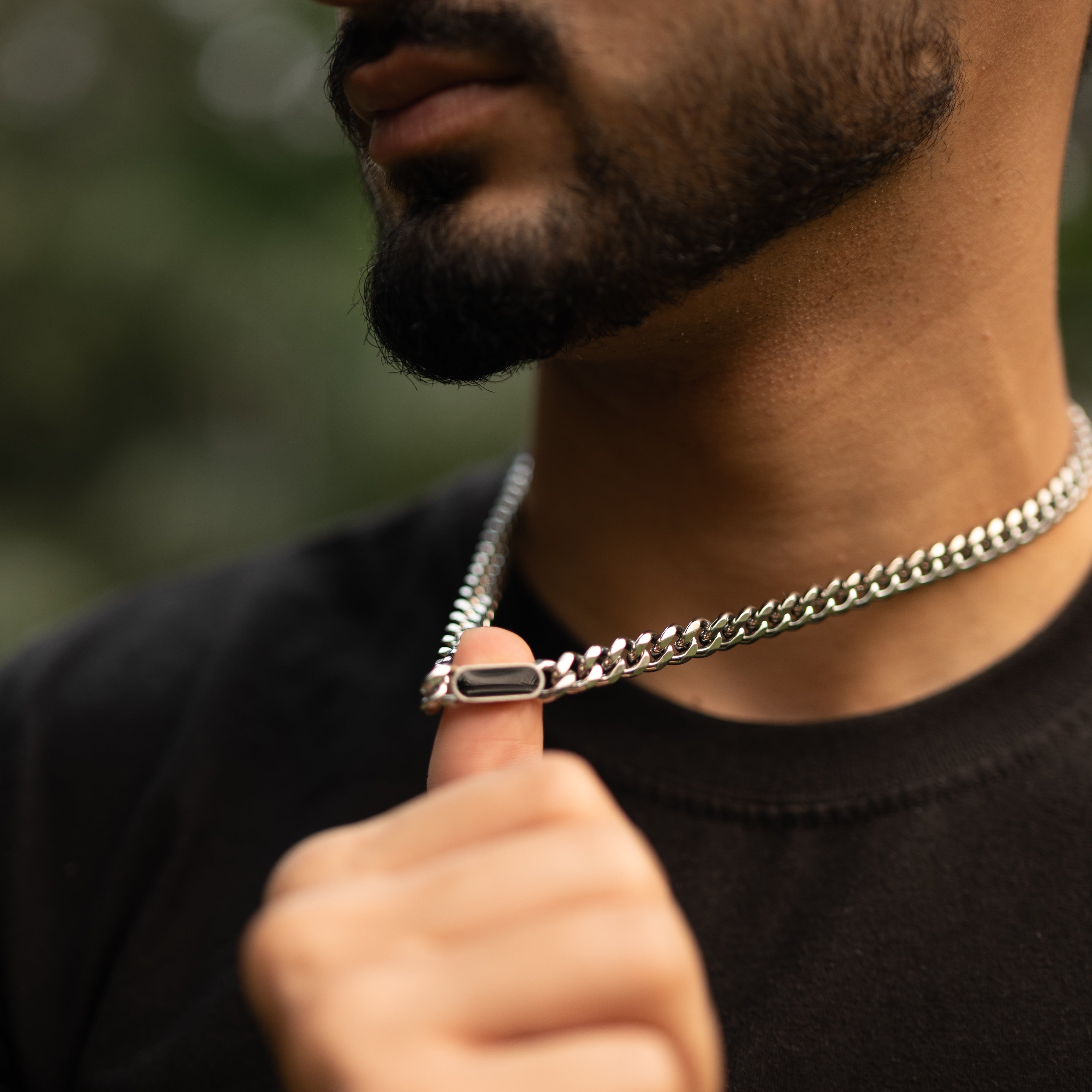 Silver Curb Chain with Black Stone for Men
