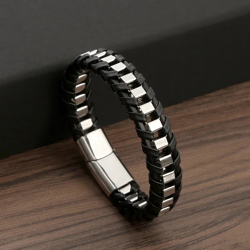 Silver Biker Bracelet for Men - Stainless Steel & Genuine Leather bracelet by Nashira