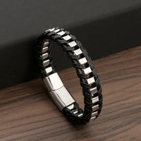 Silver Biker Bracelet for Men - Stainless Steel & Genuine Leather bracelet by Nashira