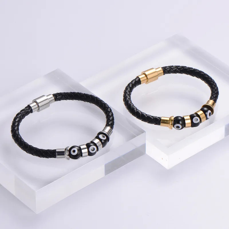 Gold Evil Eye Leather Bracelet for Men