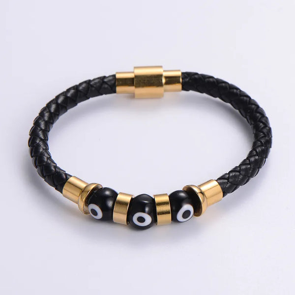 Gold Evil Eye Leather Bracelet for Men bracelet by Nashira, shown close up