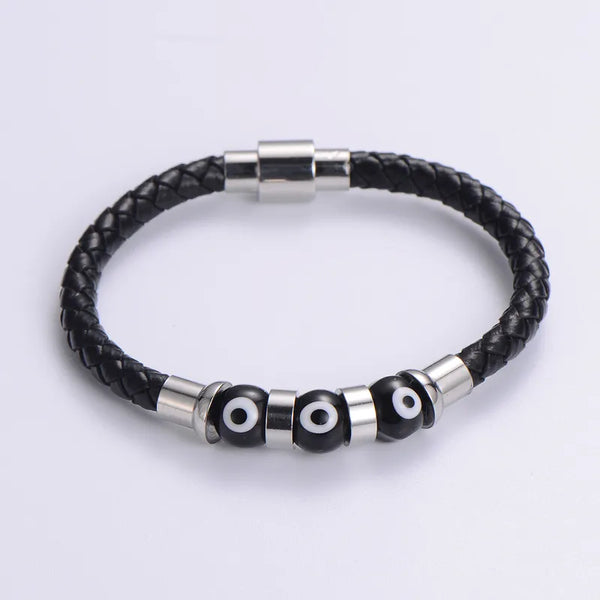 Silver Evil Eye Leather Bracelet for Men bracelet by Nashira, shown close up