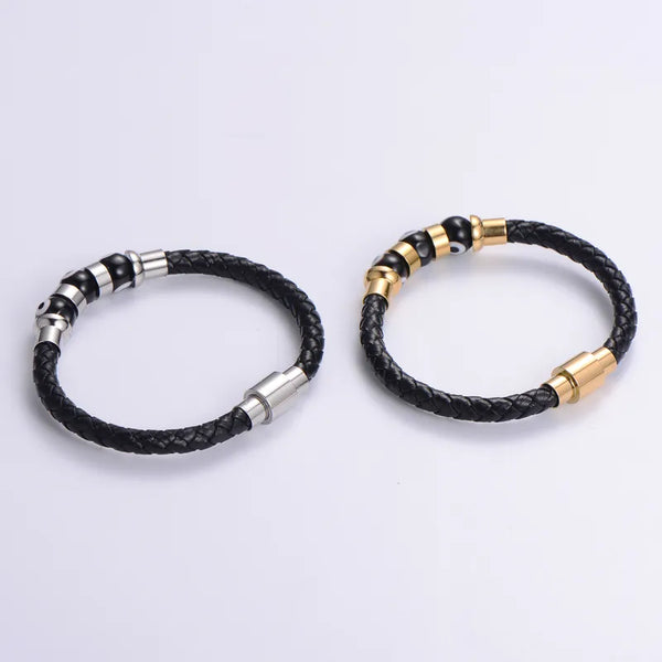 Silver Evil Eye Leather Bracelet for Men bracelet by Nashira, styled