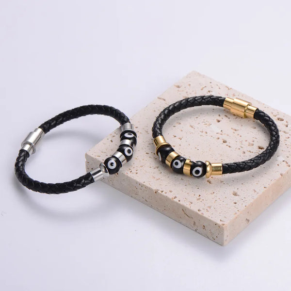 Silver Evil Eye Leather Bracelet for Men by Nashira, genuine leather bracelet