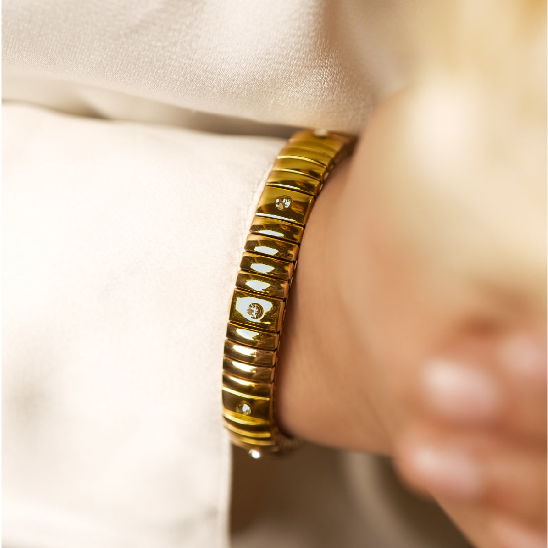 Gold with Zirconia Stretchable Bangle - Stainless Steel bracelet by Nashira