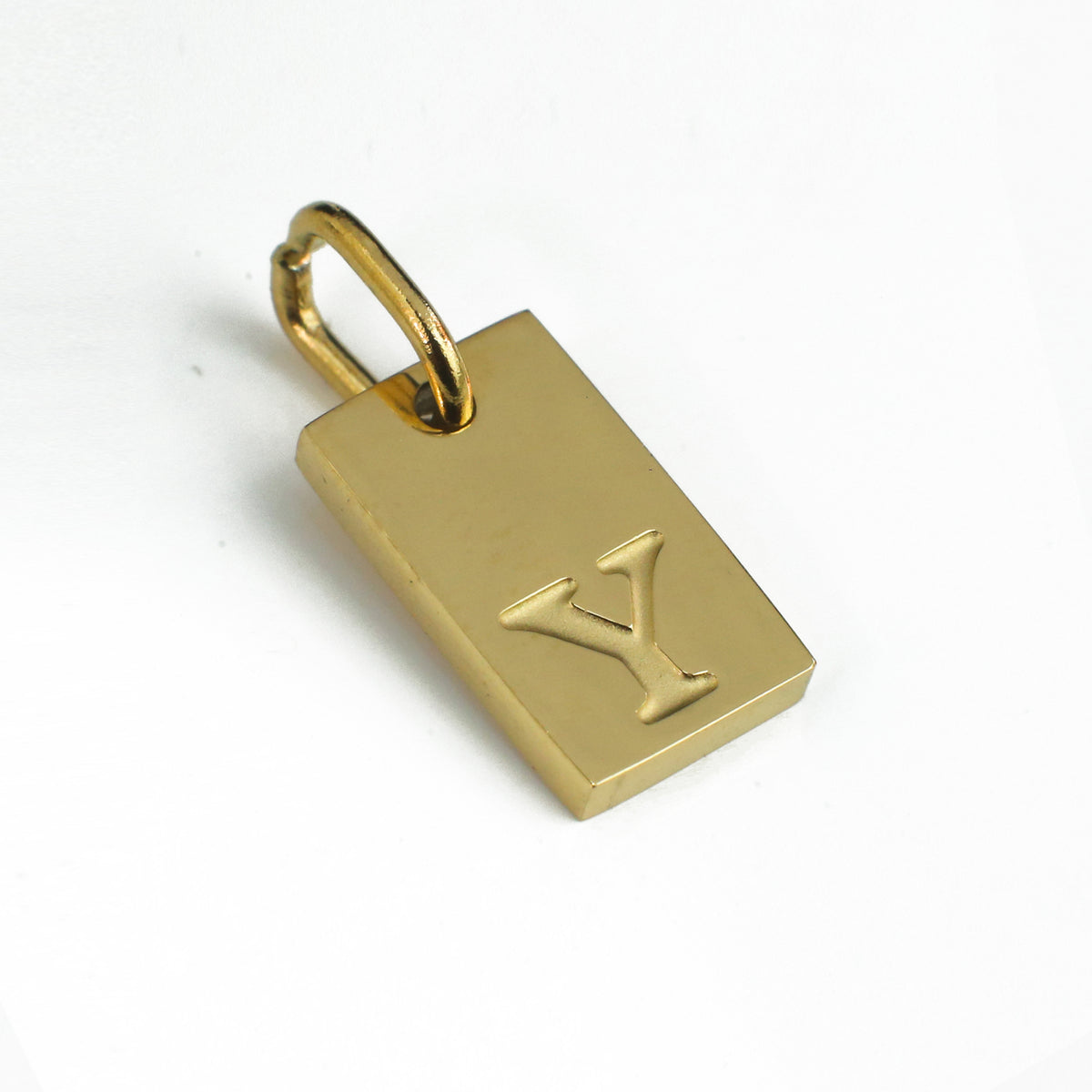 Dainty Alphabet Charm Gold  - Y charm by Nashira, shown close up