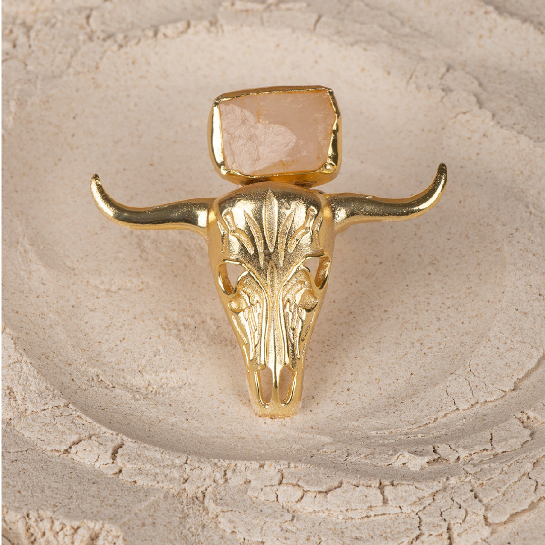 Rose Quartz Bull Face Adjustable Ring - Stainless Steel ring by Nashira