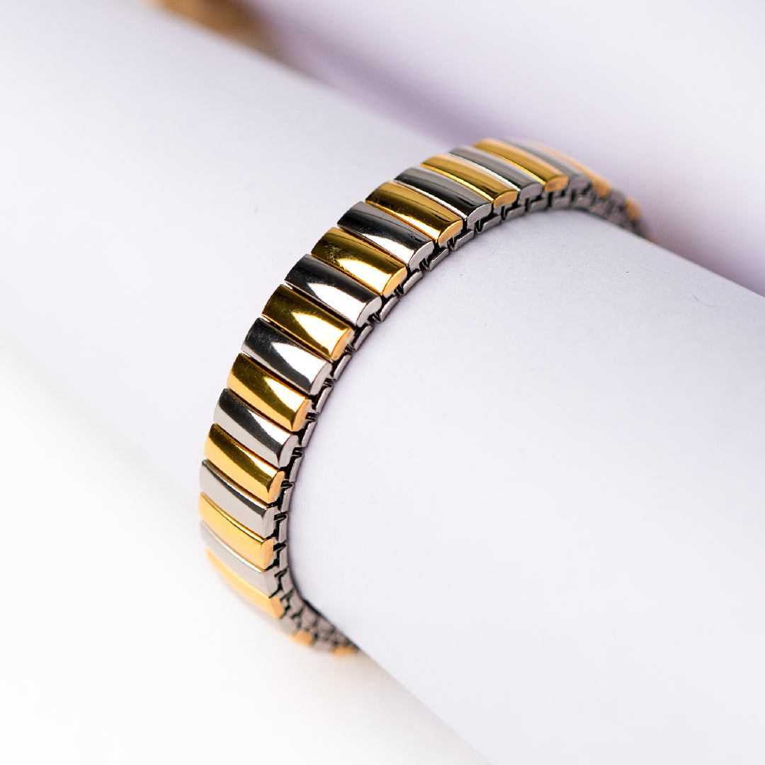 Dual Tone Stretchable Bangle bracelet by Nashira, shown close up